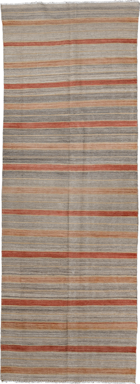 3' x 9' one-of-a-kind handmade vintage Kilim runner rug. Color palette: taupe, gray, rust, camel, ivory, beige, terracotta
