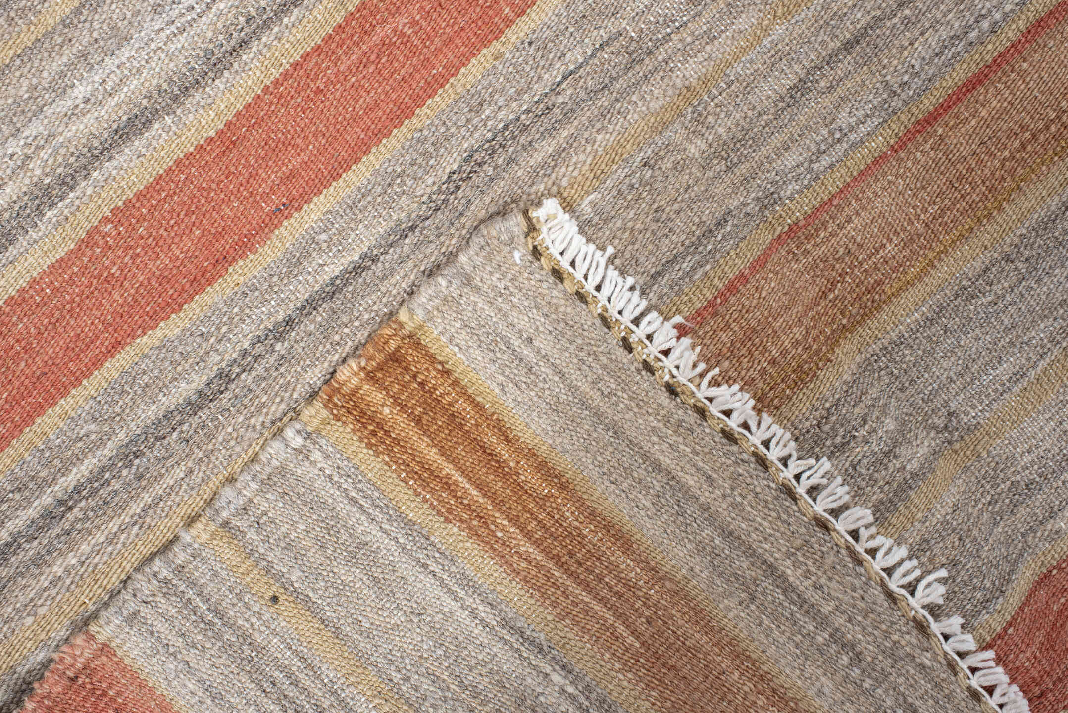 3' x 9' one-of-a-kind handmade vintage Kilim runner rug. Color palette: brown, dim gray, gray, light gray, off-white, orange