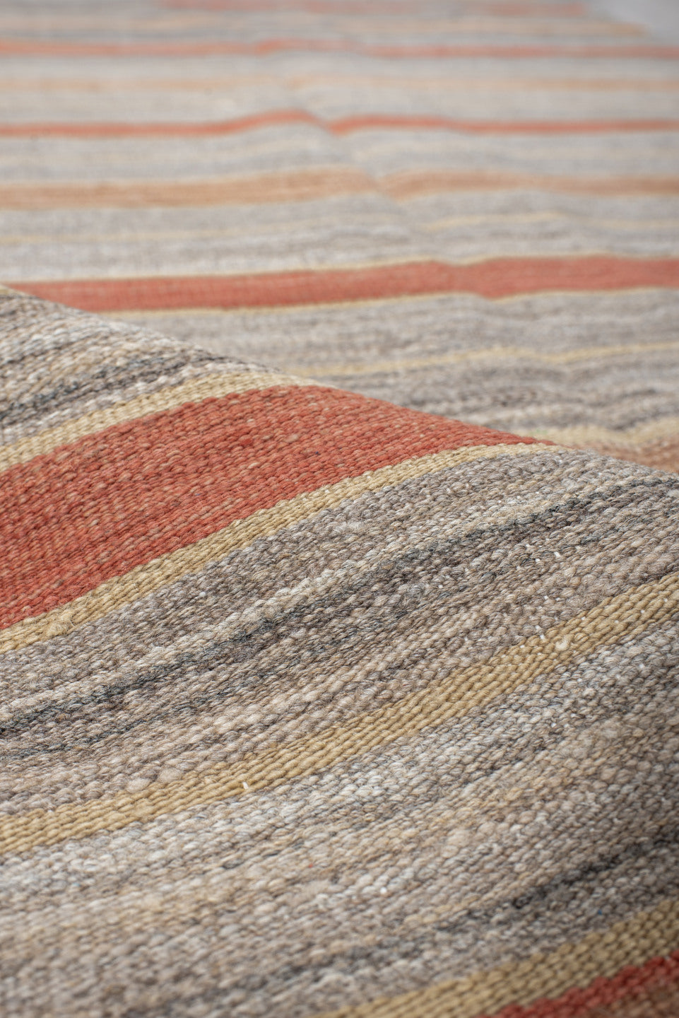 3' x 9' one-of-a-kind handmade vintage Kilim runner rug. Color palette: brown, dim gray, gray, light gray, off-white, orange