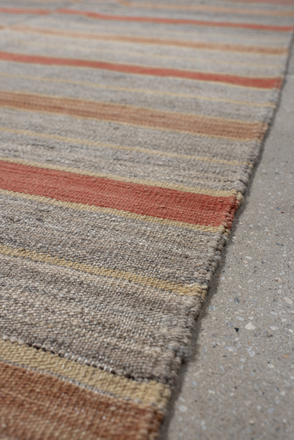 3' x 9' one-of-a-kind handmade vintage Kilim runner rug. Color palette: brown, dim gray, gray, light gray, off-white, orange