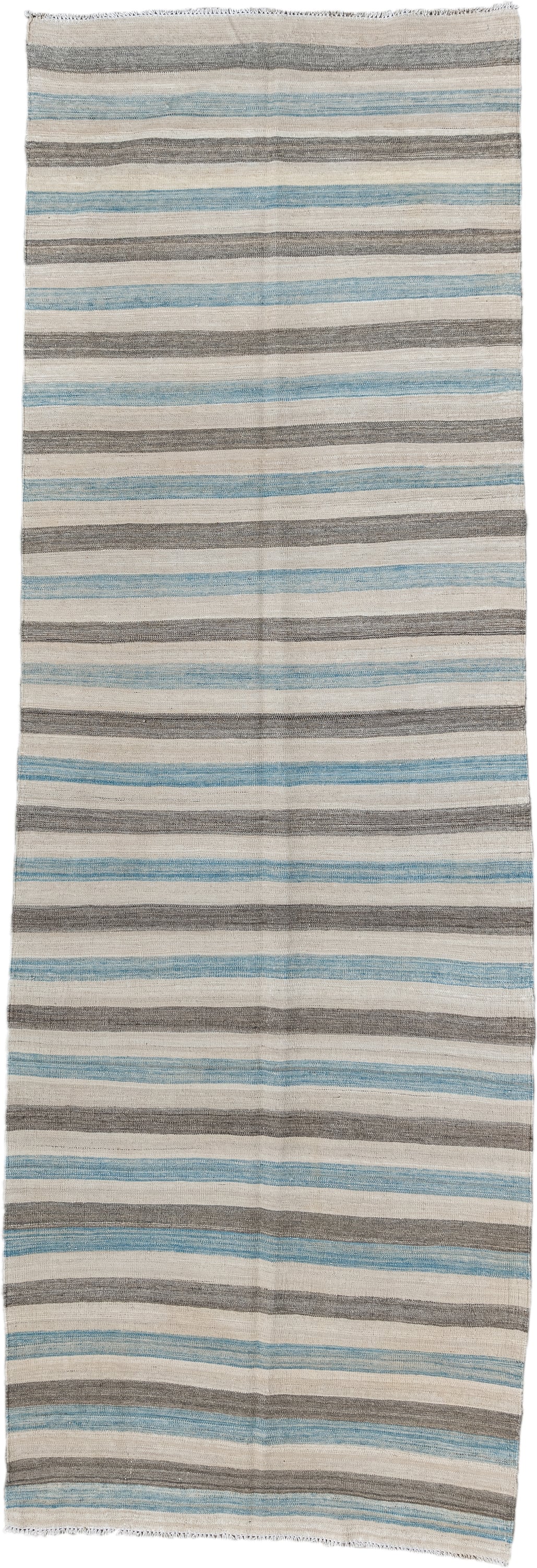 3' x 9' one-of-a-kind handmade vintage Kilim runner rug. Color palette: ivory, charcoal, sky_blue, taupe, gray, black