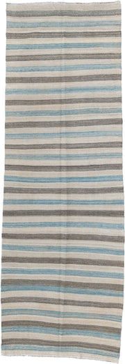 3' x 9' one-of-a-kind handmade vintage Kilim runner rug. Color palette: ivory, charcoal, sky_blue, taupe, gray, black
