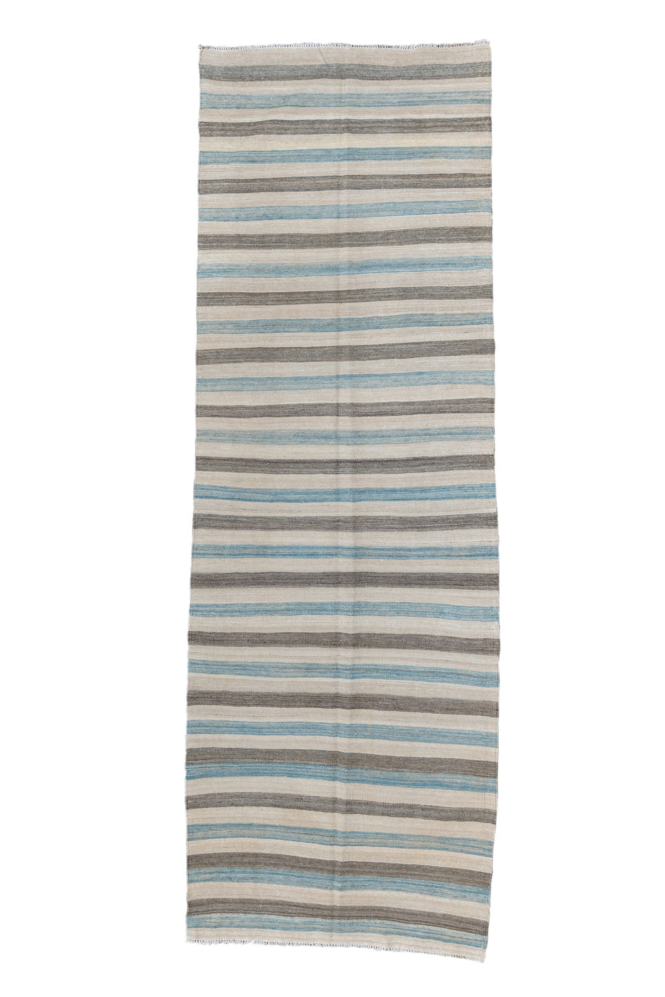 3' x 9' one-of-a-kind handmade vintage Kilim runner rug. Color palette: dark gray, gray, light gray, off-white, pink, silver