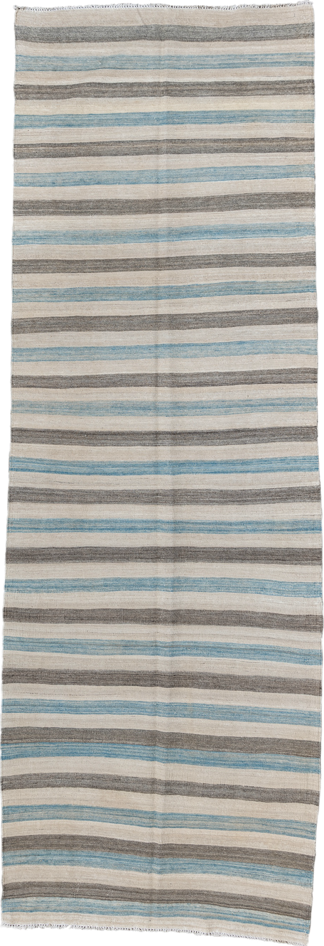 3' x 9' one-of-a-kind handmade vintage Kilim runner rug. Color palette: ivory, charcoal, sky_blue, taupe, gray, black