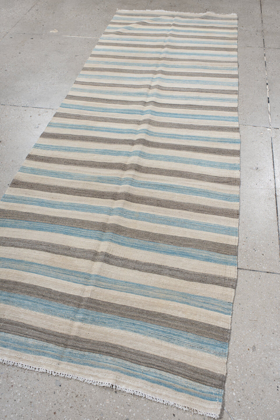 3' x 9' one-of-a-kind handmade vintage Kilim runner rug. Color palette: ivory, charcoal, sky_blue, taupe, gray, black