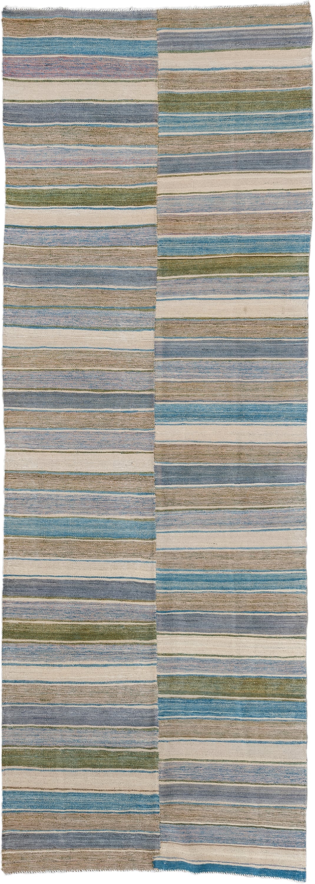 3' x 9' one-of-a-kind handmade vintage Kilim runner rug. Color palette: taupe, ivory, sky blue, slate, olive, rose, beige