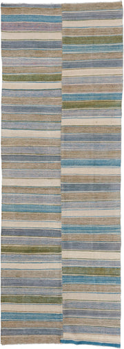 3' x 9' one-of-a-kind handmade vintage Kilim runner rug. Color palette: taupe, ivory, sky blue, slate, olive, rose, beige