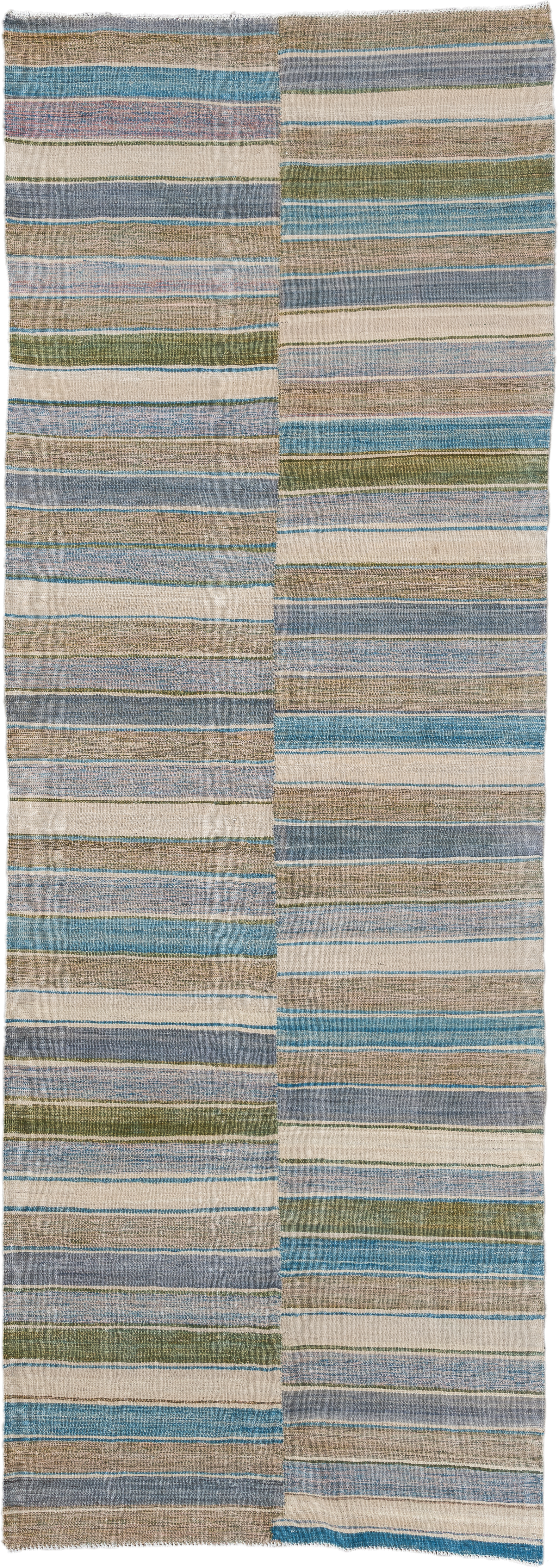 3' x 9' one-of-a-kind handmade vintage Kilim runner rug. Color palette: taupe, ivory, sky blue, slate, olive, rose, beige