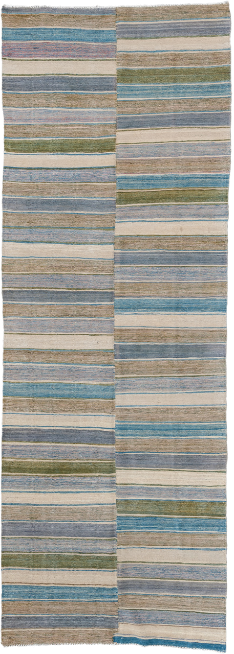 3' x 9' one-of-a-kind handmade vintage Kilim runner rug. Color palette: taupe, ivory, sky blue, slate, olive, rose, beige