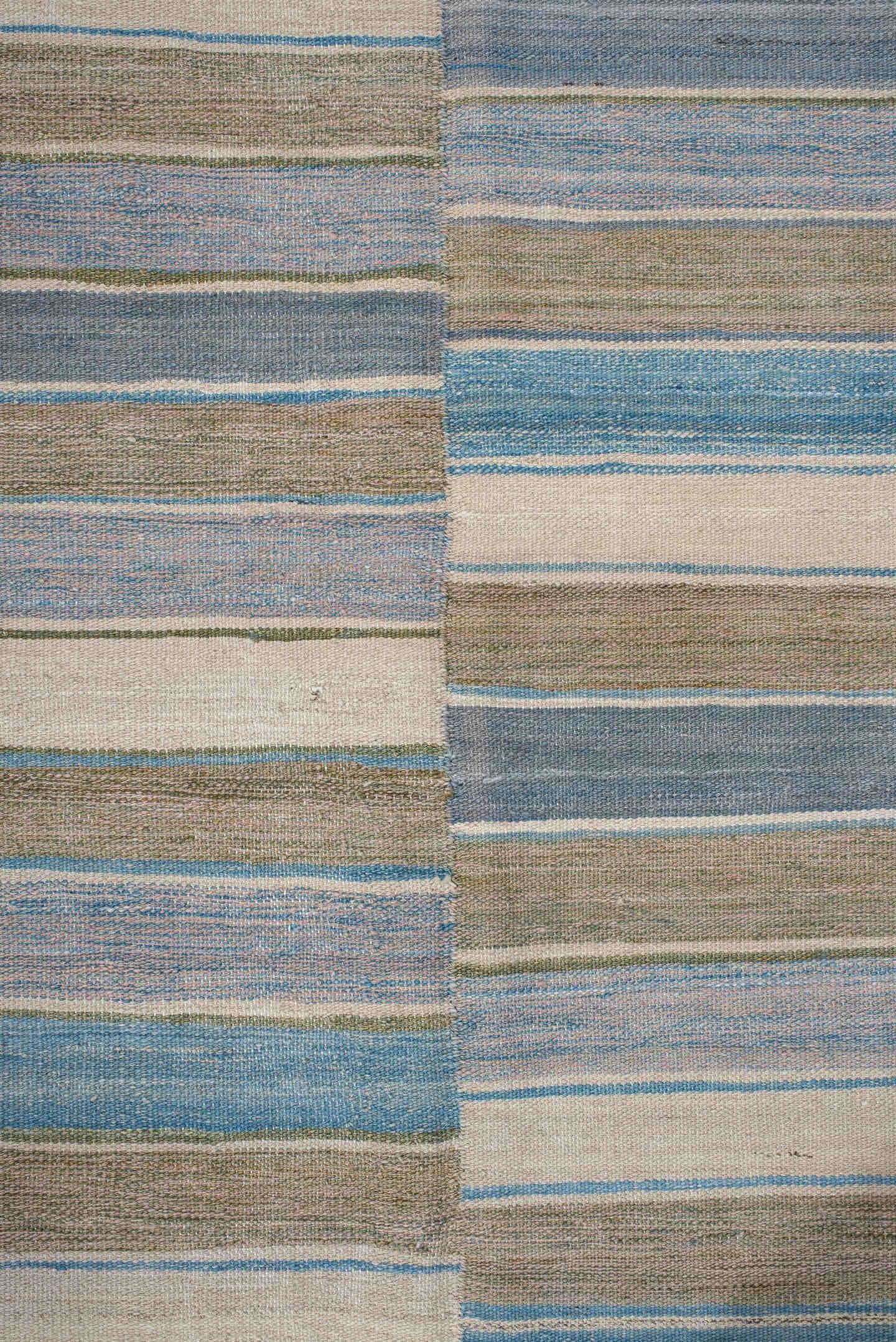 3' x 9' one-of-a-kind handmade vintage Kilim runner rug. Color palette: taupe, ivory, sky blue, slate, olive, rose, beige