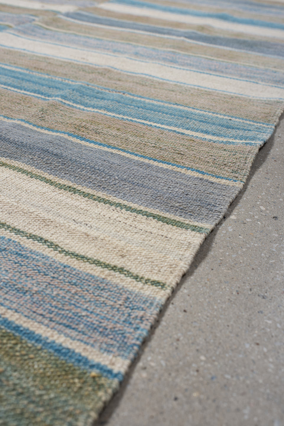 3' x 9' one-of-a-kind handmade vintage Kilim runner rug. Color palette: taupe, ivory, sky blue, slate, olive, rose, beige