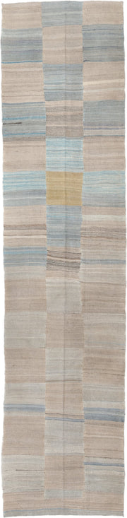 3' x 13' one-of-a-kind handmade vintage Kilim runner rug. Color palette: ivory, beige, pale blue, taupe, cream, sand, gold