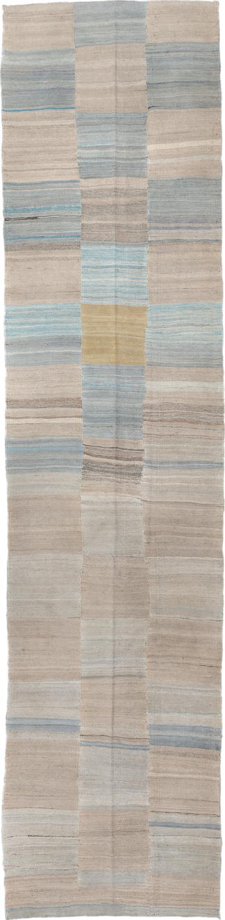 3' x 13' one-of-a-kind handmade vintage Kilim runner rug. Color palette: ivory, beige, pale blue, taupe, cream, sand, gold