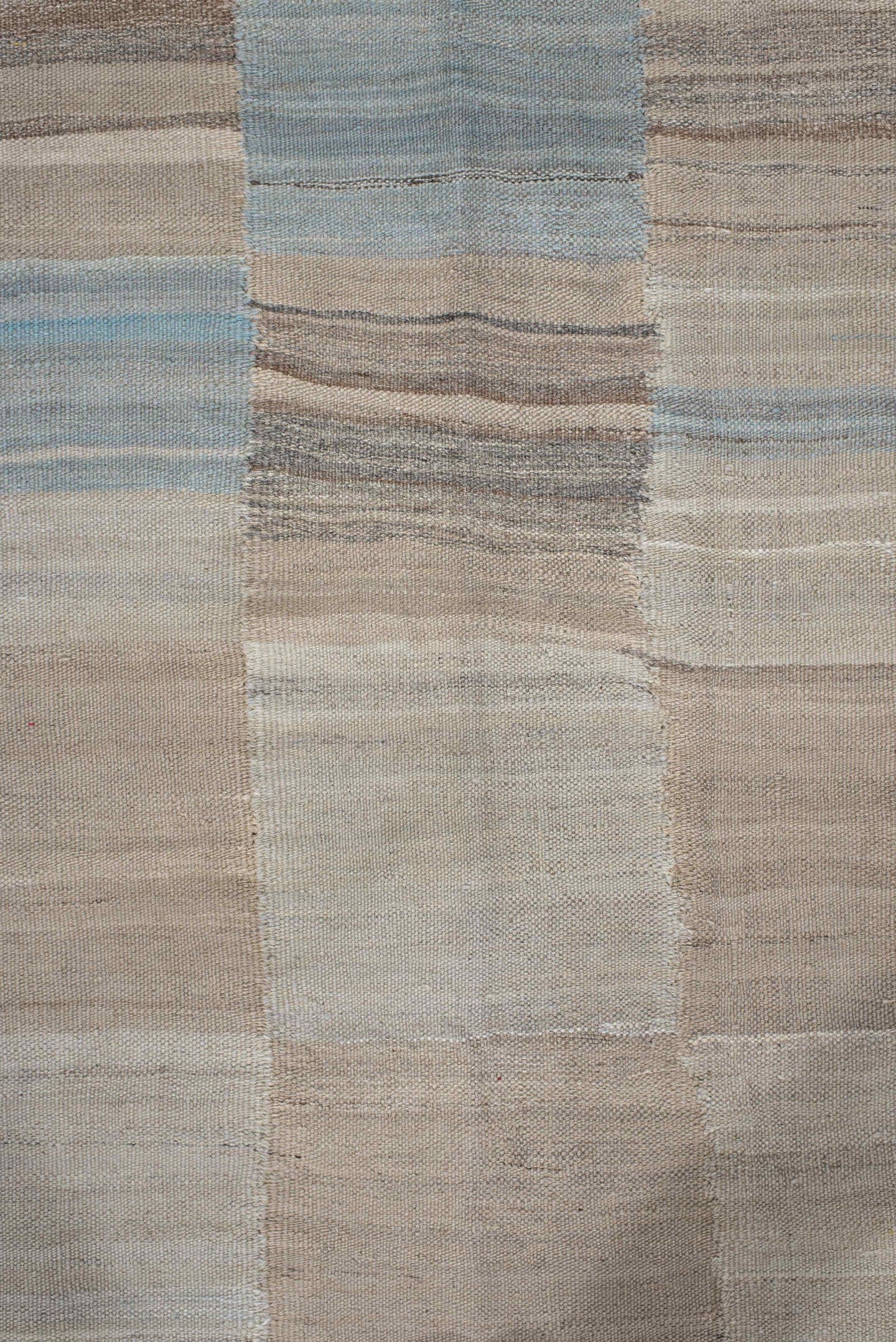 3' x 13' one-of-a-kind handmade vintage Kilim runner rug. Color palette: ivory, beige, pale blue, taupe, cream, sand, gold