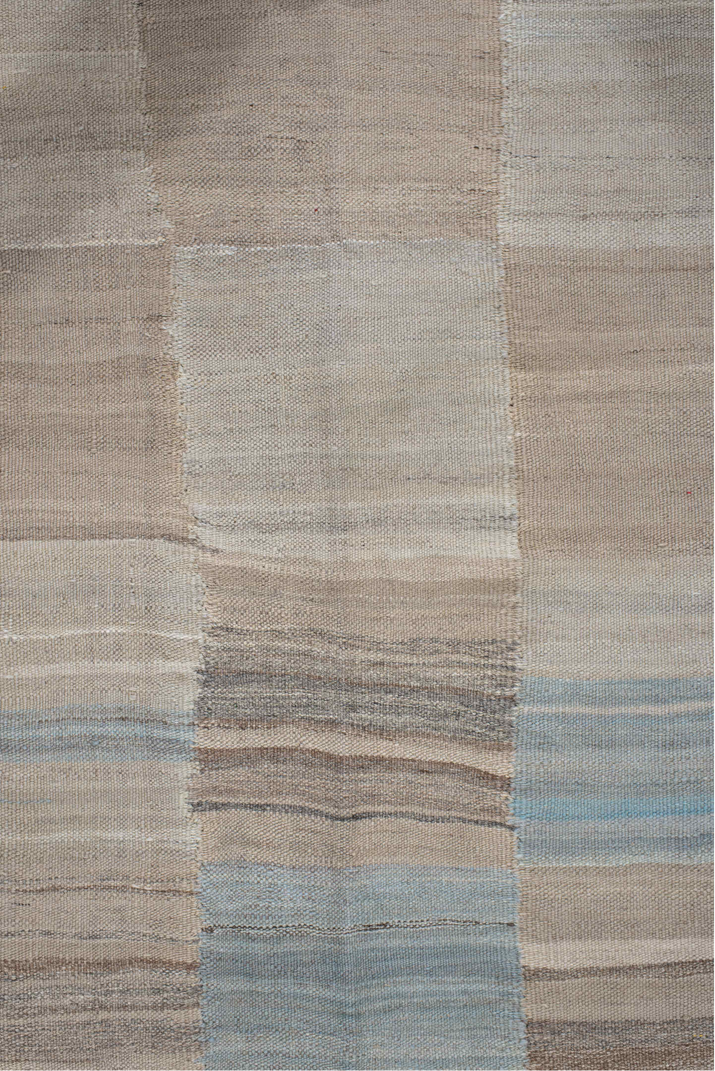 3' x 13' one-of-a-kind handmade vintage Kilim runner rug. Color palette: ivory, beige, pale blue, taupe, cream, sand, gold