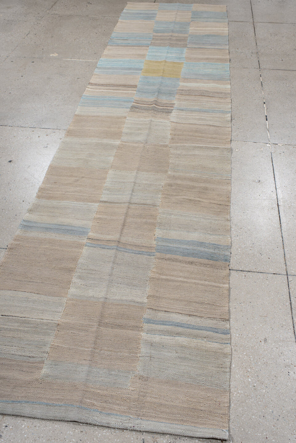 3' x 13' one-of-a-kind handmade vintage Kilim runner rug. Color palette: ivory, beige, pale blue, taupe, cream, sand, gold