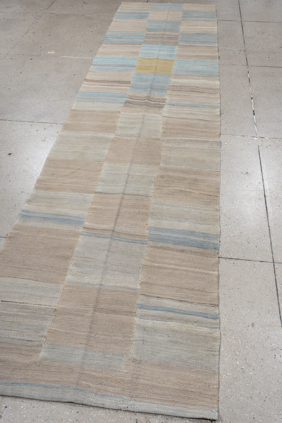 3' x 13' one-of-a-kind handmade vintage Kilim runner rug. Color palette: ivory, beige, pale blue, taupe, cream, sand, gold