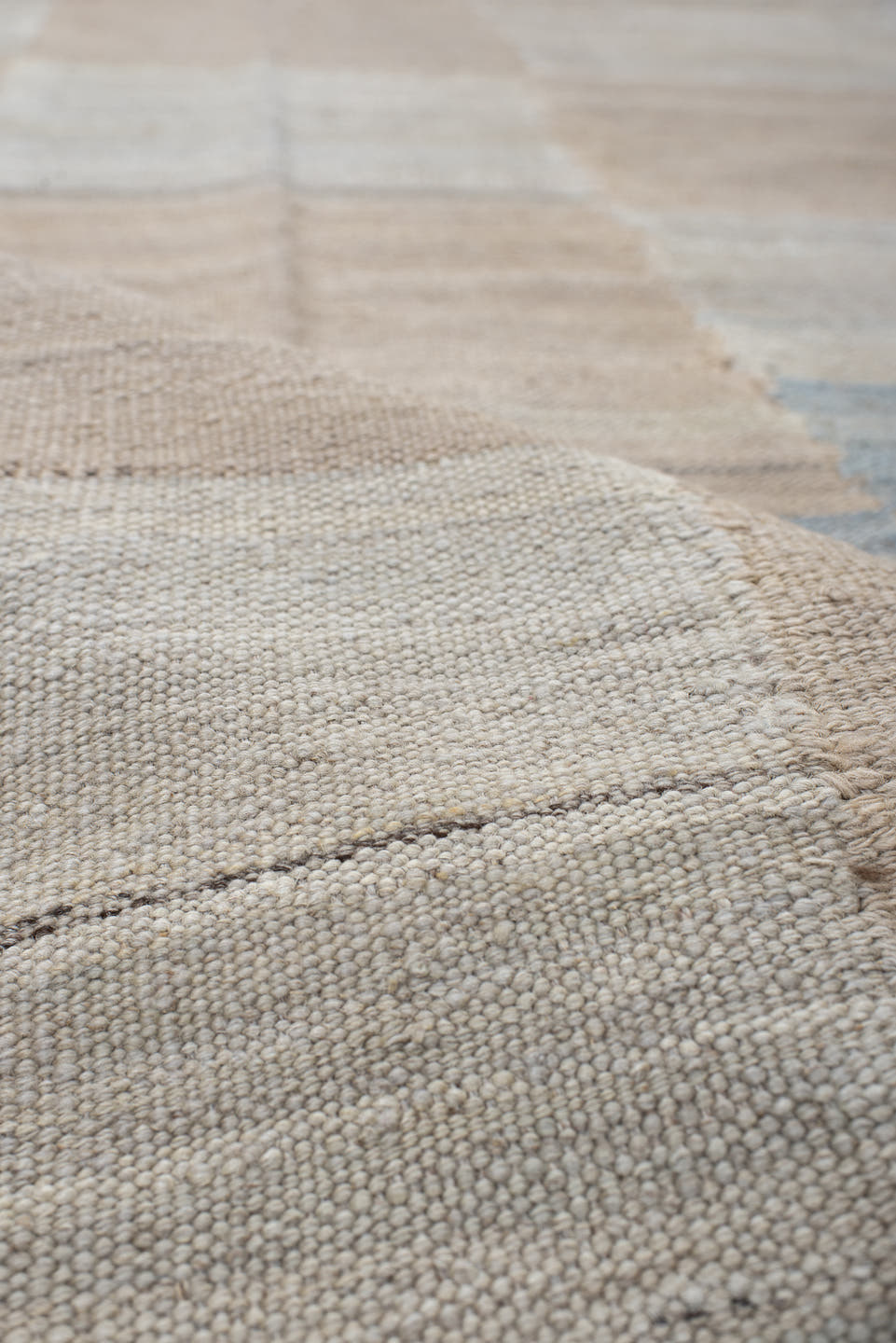 3' x 13' one-of-a-kind handmade vintage Kilim runner rug. Color palette: ivory, beige, pale blue, taupe, cream, sand, gold