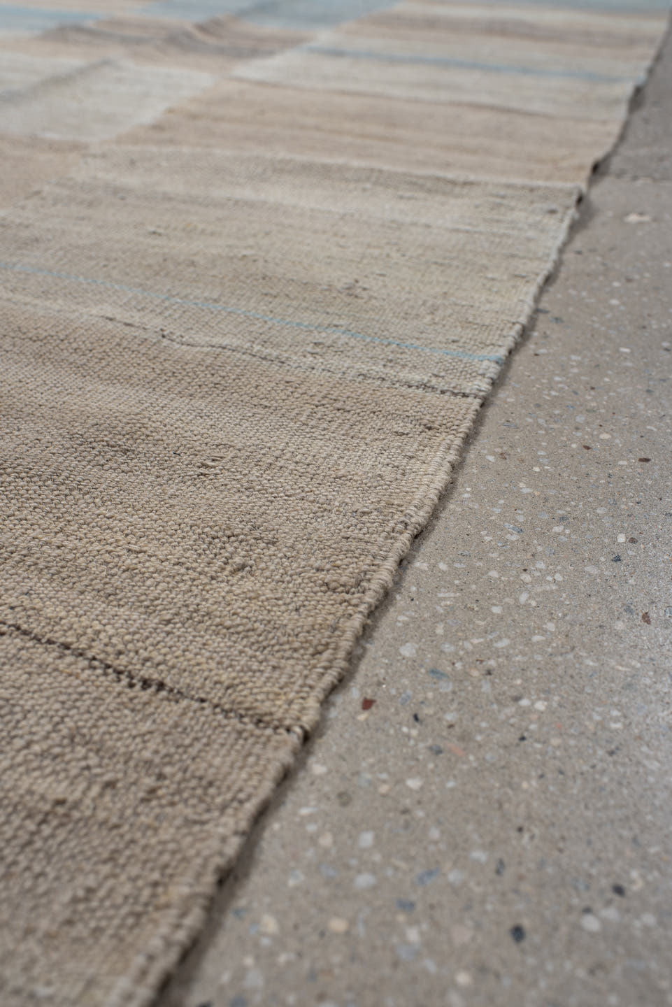3' x 13' one-of-a-kind handmade vintage Kilim runner rug. Color palette: ivory, beige, pale blue, taupe, cream, sand, gold