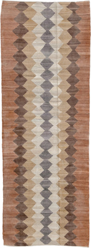 3' x 9' one-of-a-kind handmade vintage Kilim runner rug. Color palette: terra cotta, taupe, ivory, brown, gray, camel
