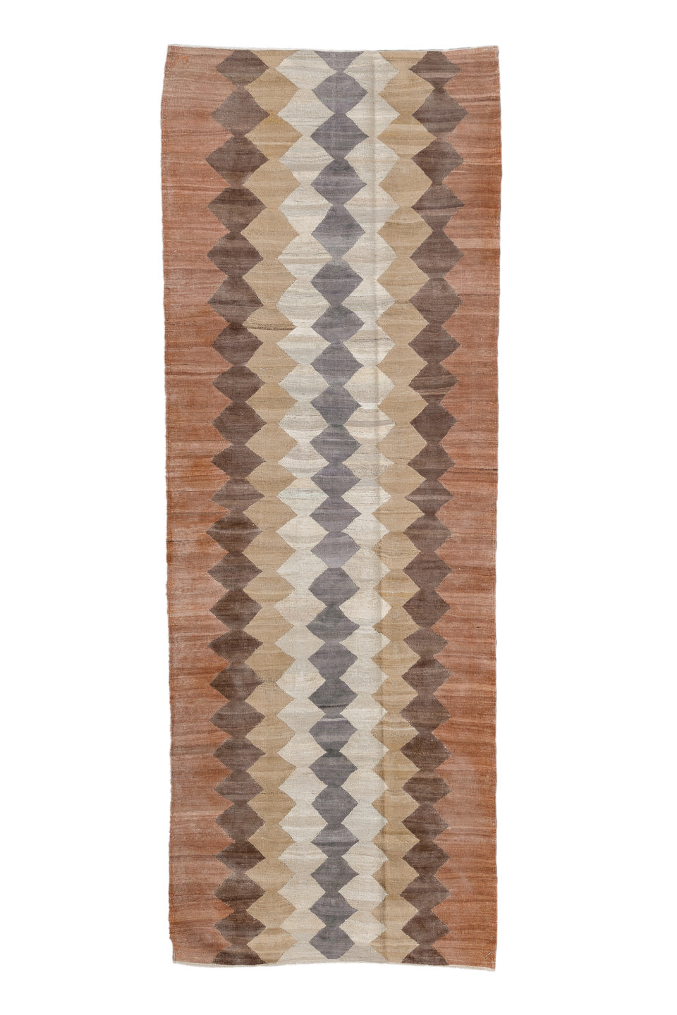 3' x 9' one-of-a-kind handmade vintage Kilim runner rug. Color palette: brown, gray, light gray, off-white, pink