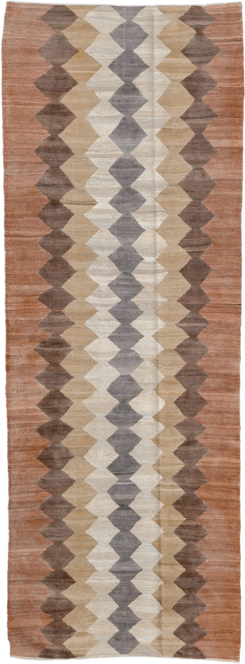 3' x 9' one-of-a-kind handmade vintage Kilim runner rug. Color palette: terra cotta, taupe, ivory, brown, gray, camel