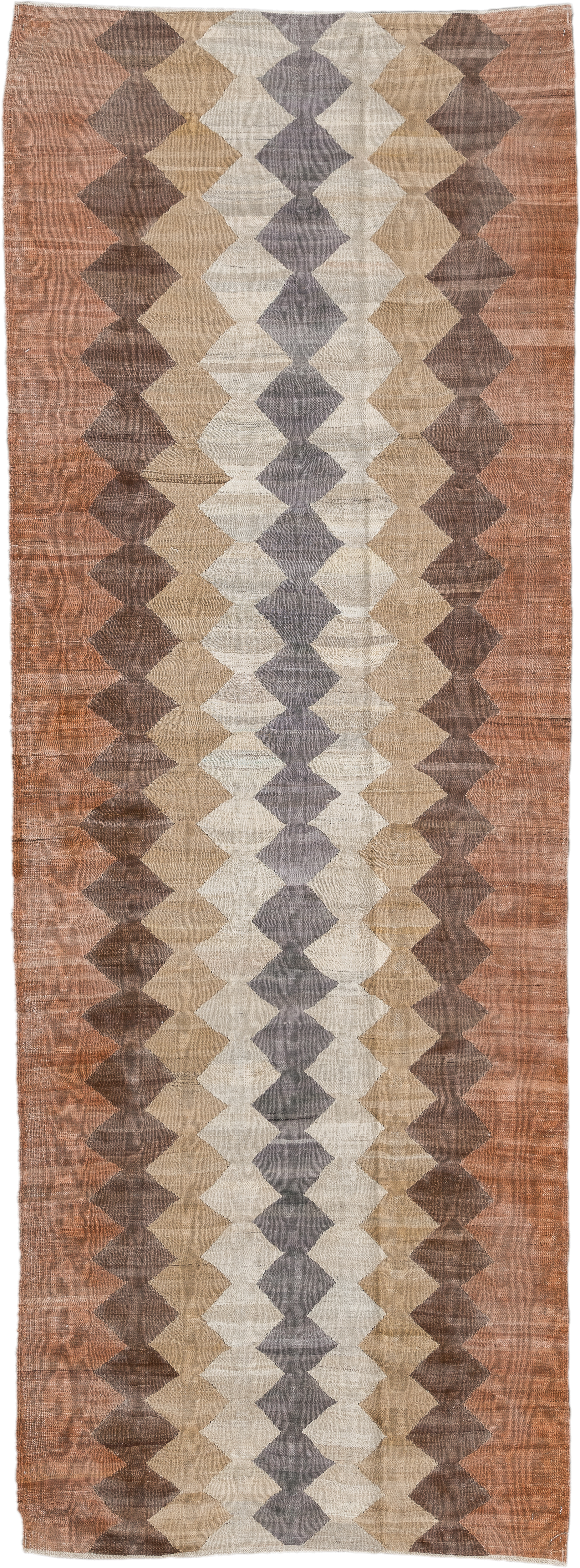 3' x 9' one-of-a-kind handmade vintage Kilim runner rug. Color palette: terra cotta, taupe, ivory, brown, gray, camel