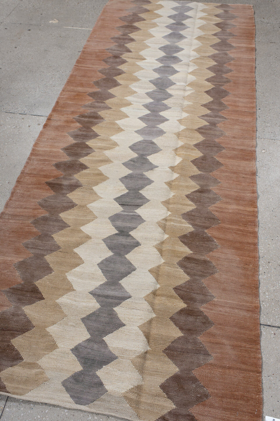 3' x 9' one-of-a-kind handmade vintage Kilim runner rug. Color palette: terra cotta, taupe, ivory, brown, gray, camel