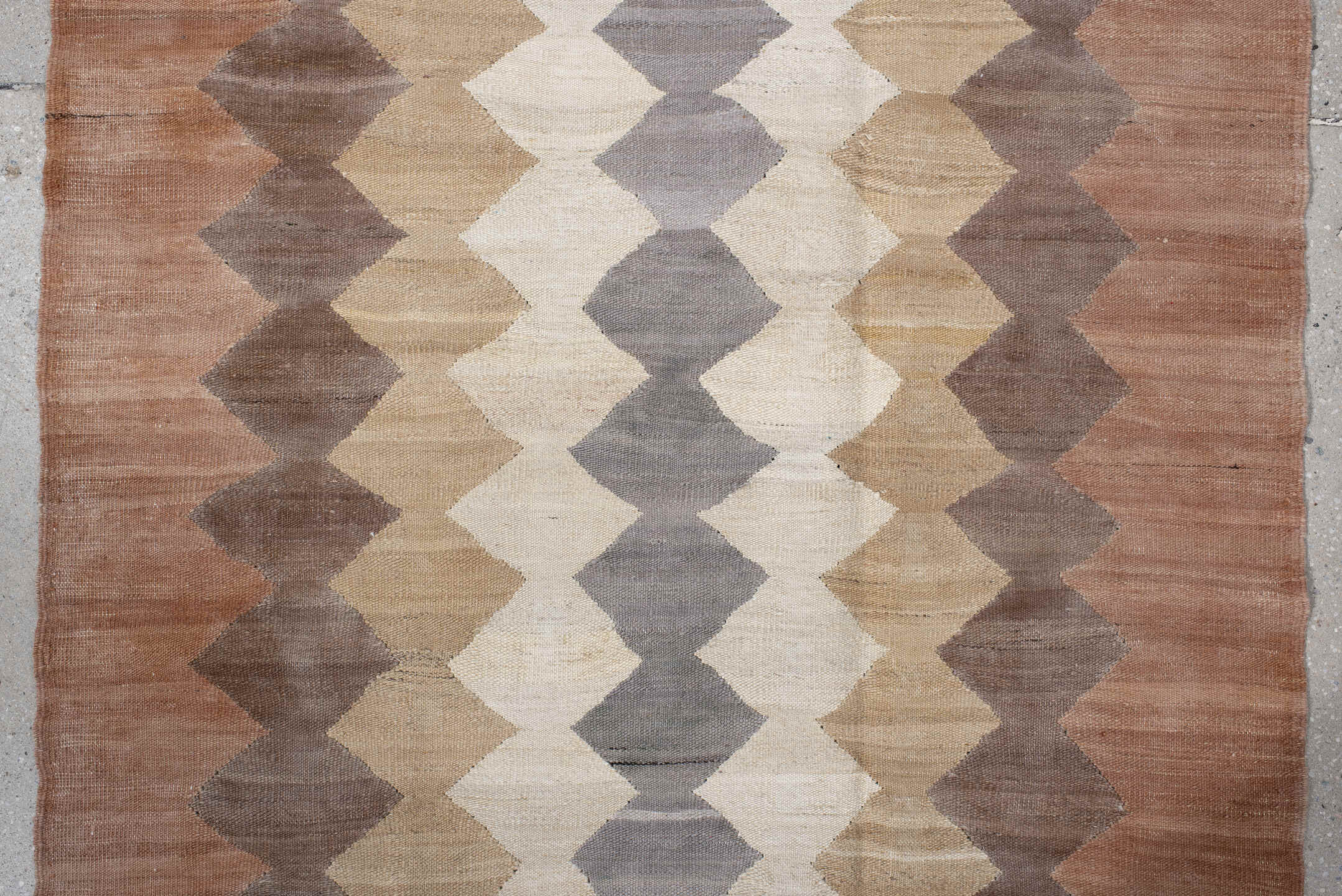 3' x 9' one-of-a-kind handmade vintage Kilim runner rug. Color palette: brown, gray, light gray, off-white, pink