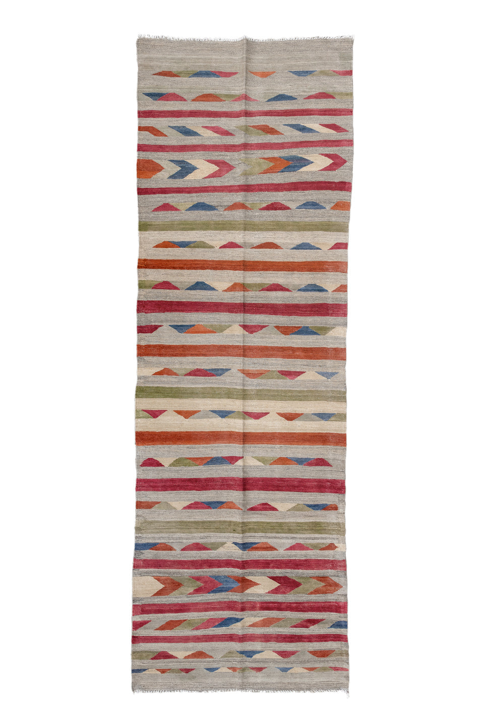 3' x 7' one-of-a-kind handmade vintage Kilim runner rug. Color palette: blue, brown, fiord, gray, light gray, off-white