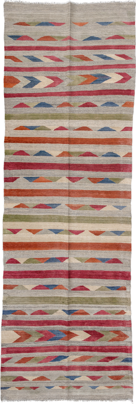 3' x 7' one-of-a-kind handmade vintage Kilim runner rug. Color palette: taupe, rose, ivory, rust, olive, blue, coral, beige