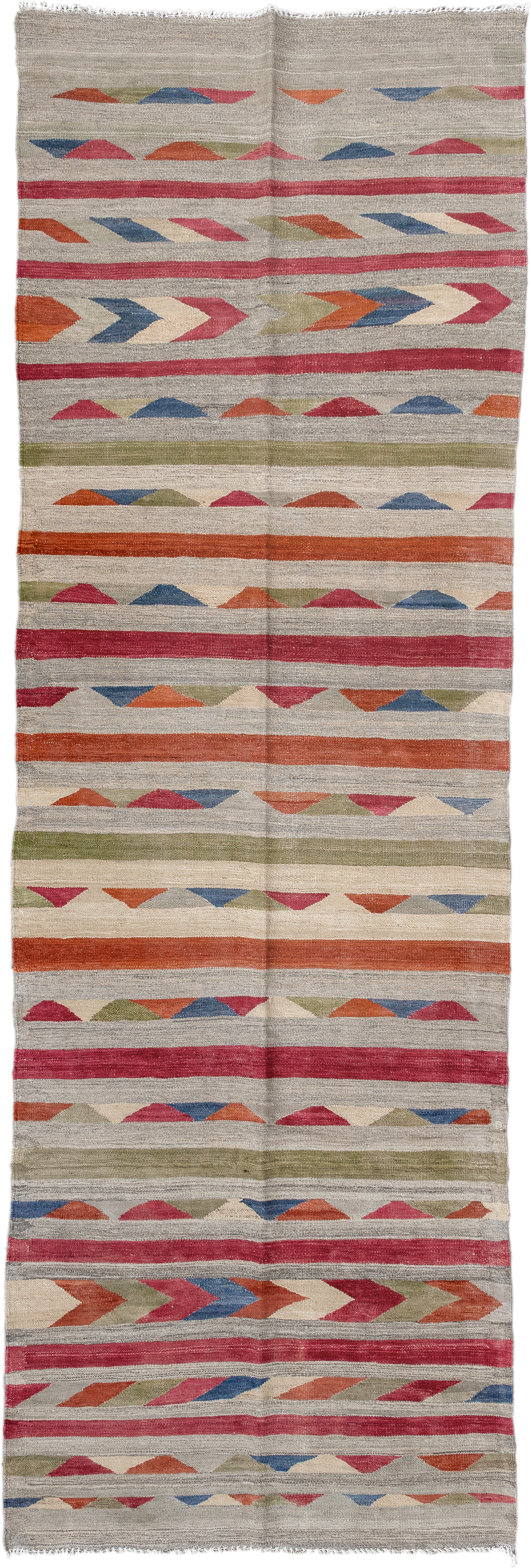 3' x 7' one-of-a-kind handmade vintage Kilim runner rug. Color palette: taupe, rose, ivory, rust, olive, blue, coral, beige