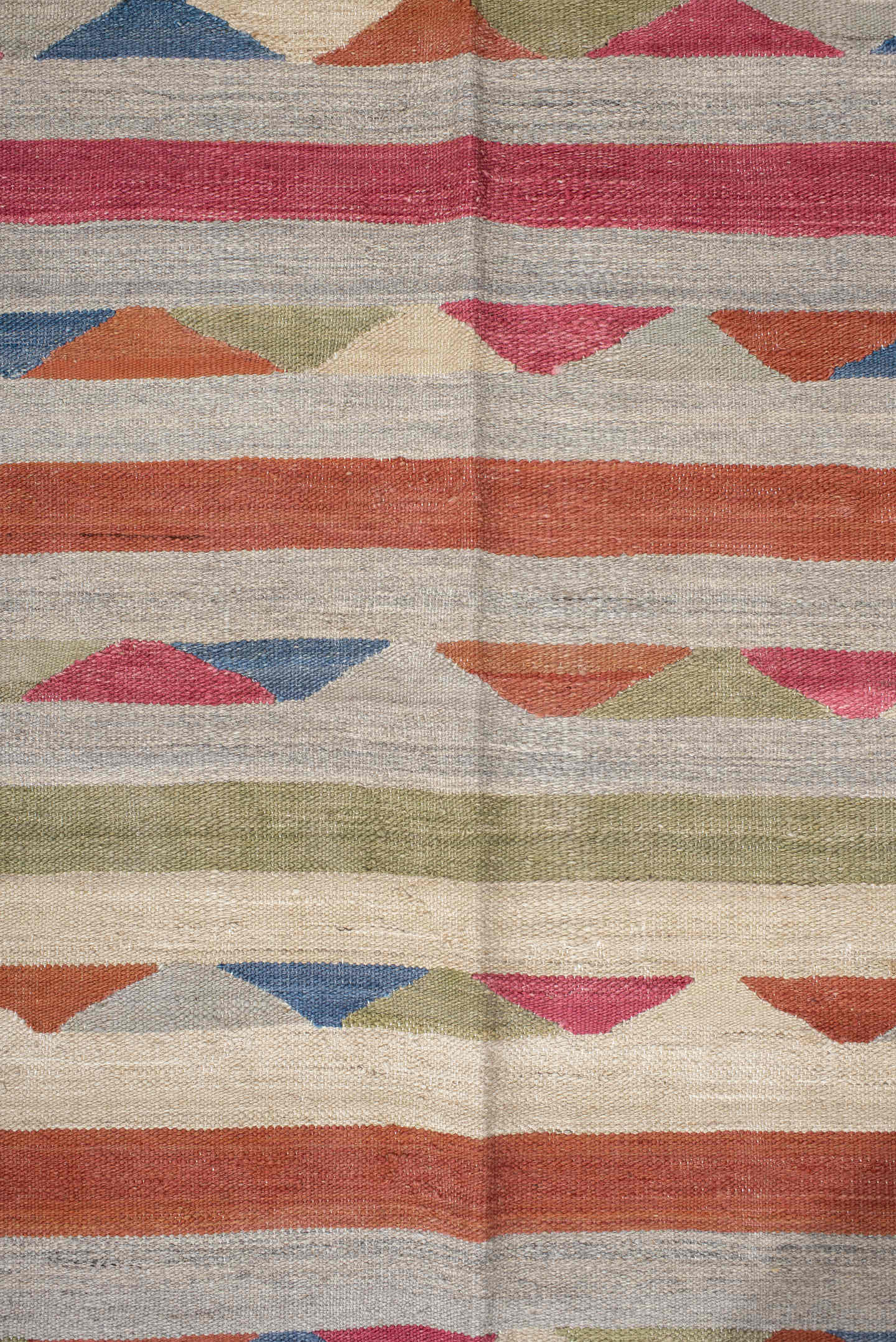 3' x 7' one-of-a-kind handmade vintage Kilim runner rug. Color palette: taupe, rose, ivory, rust, olive, blue, coral, beige