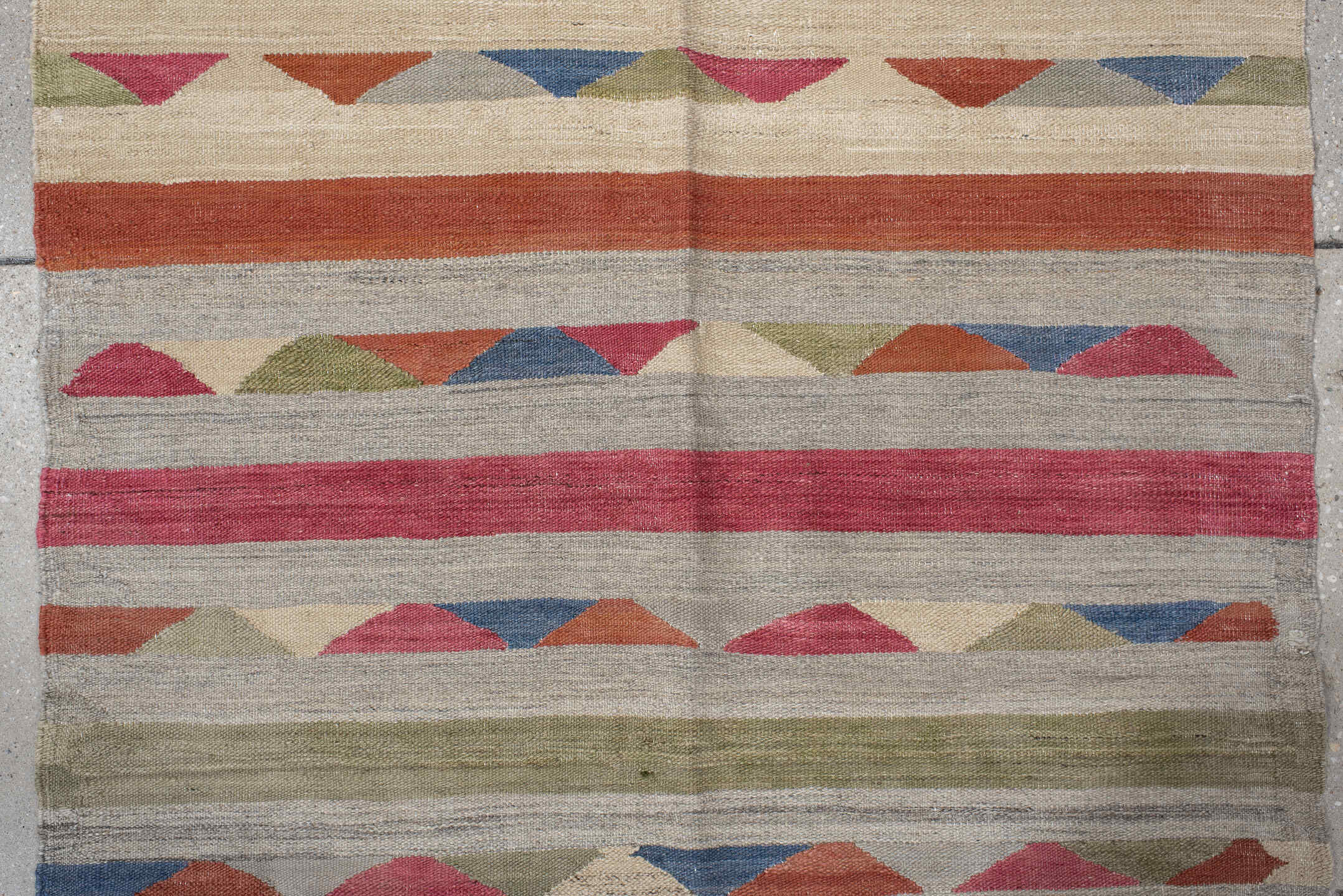 3' x 7' one-of-a-kind handmade vintage Kilim runner rug. Color palette: blue, brown, fiord, gray, light gray, off-white