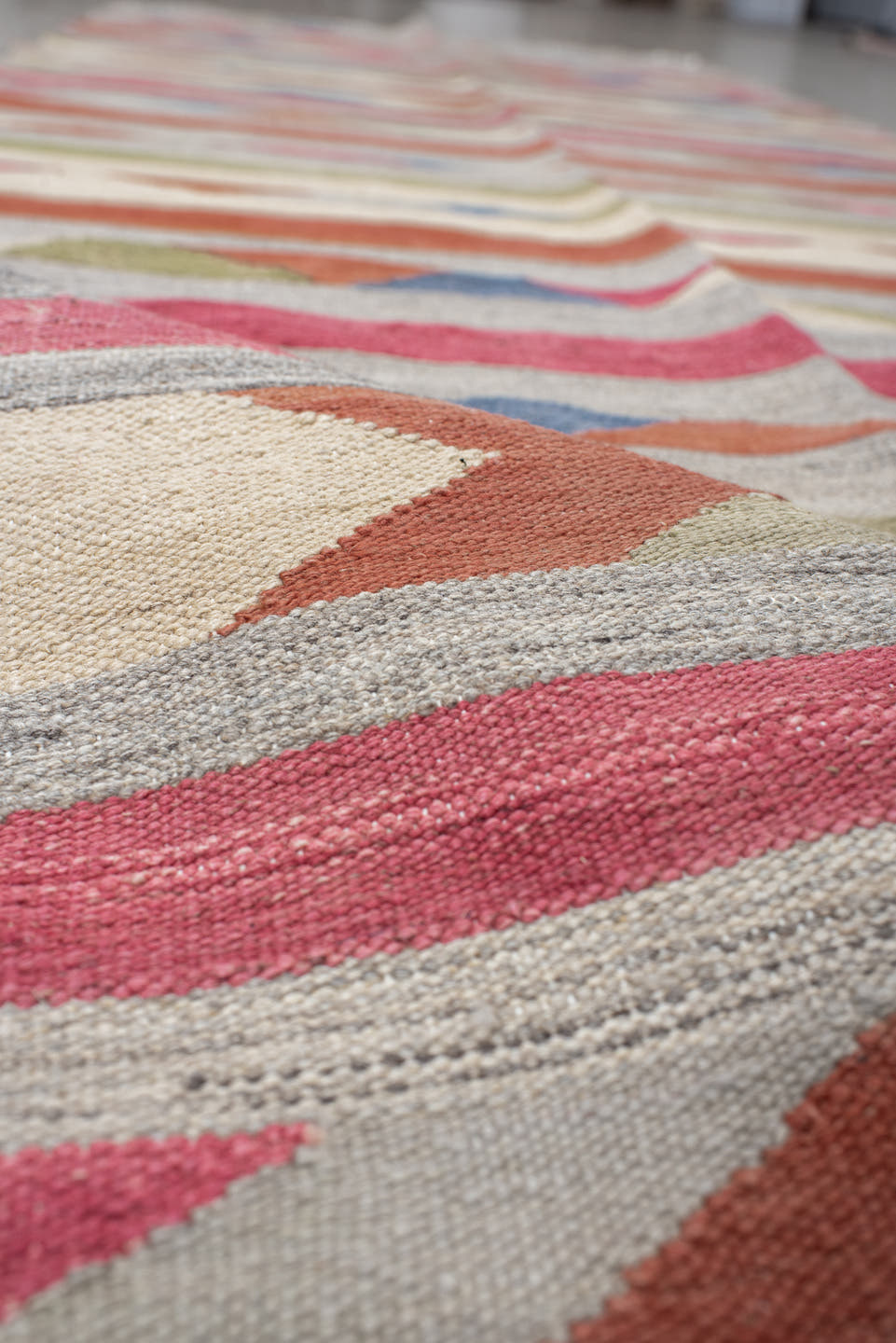 3' x 7' one-of-a-kind handmade vintage Kilim runner rug. Color palette: taupe, rose, ivory, rust, olive, blue, coral, beige