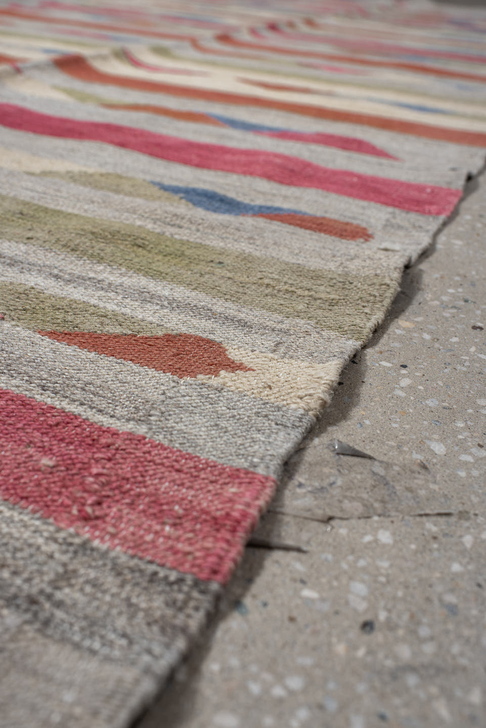 3' x 7' one-of-a-kind handmade vintage Kilim runner rug. Color palette: taupe, rose, ivory, rust, olive, blue, coral, beige