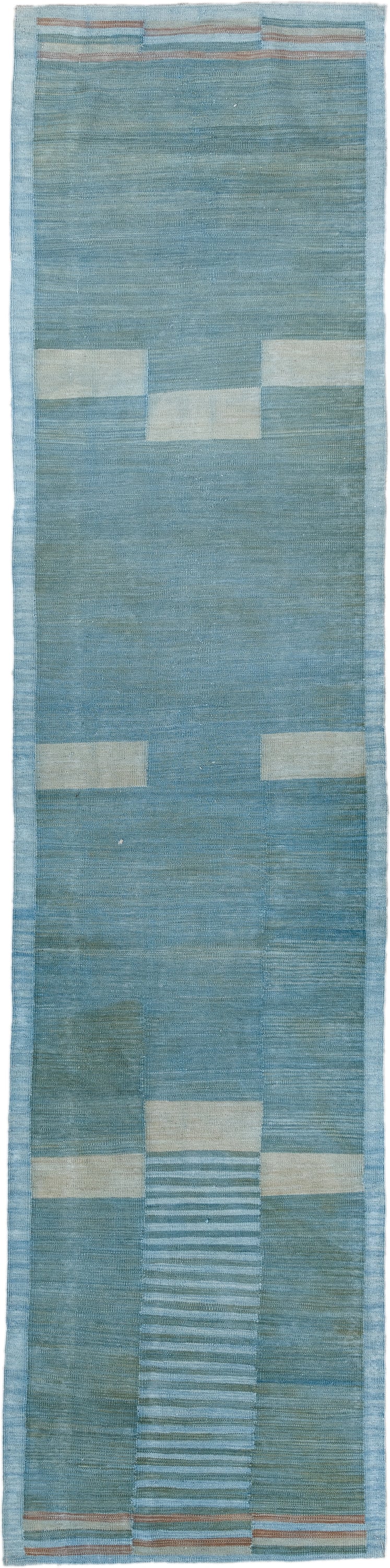 2' x 10' one-of-a-kind handmade vintage Kilim runner rug. Color palette: sky blue, ivory, aqua, taupe, camel, light blue
