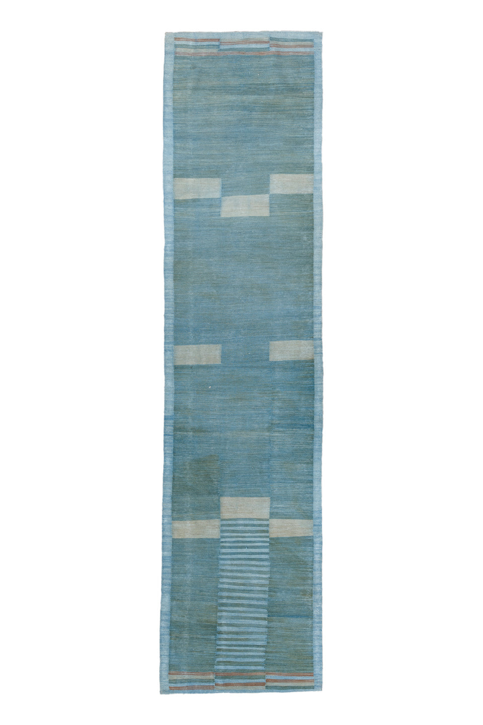 2' x 10' one-of-a-kind handmade vintage Kilim runner rug. Color palette: blue, gray, light blue, light gray