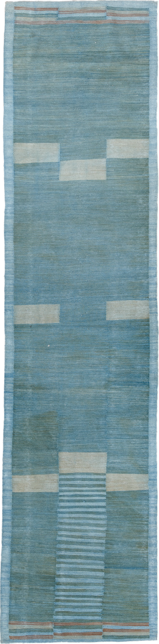 2' x 10' one-of-a-kind handmade vintage Kilim runner rug. Color palette: sky blue, ivory, aqua, taupe, camel, light blue