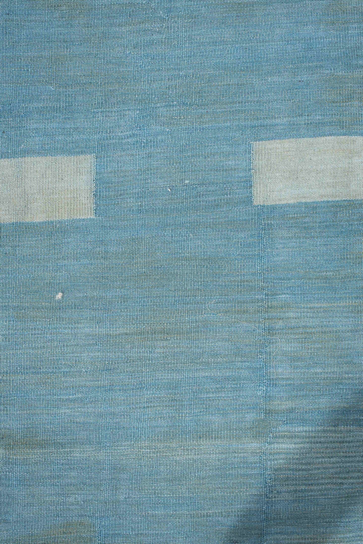 2' x 10' one-of-a-kind handmade vintage Kilim runner rug. Color palette: sky blue, ivory, aqua, taupe, camel, light blue