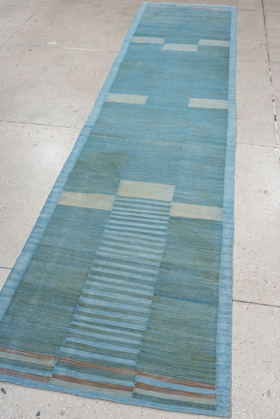 2' x 10' one-of-a-kind handmade vintage Kilim runner rug. Color palette: sky blue, ivory, aqua, taupe, camel, light blue