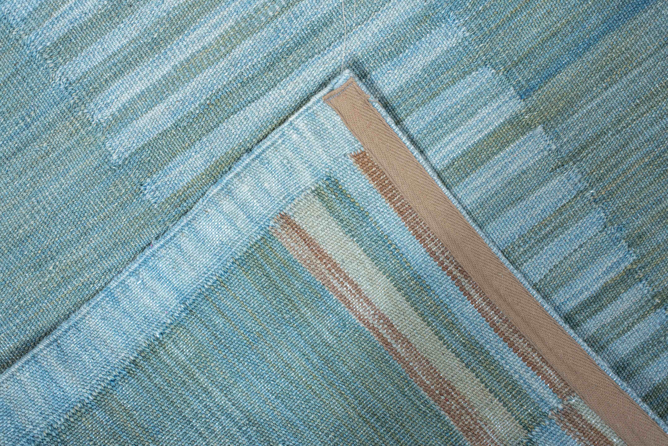 2' x 10' one-of-a-kind handmade vintage Kilim runner rug. Color palette: sky blue, ivory, aqua, taupe, camel, light blue