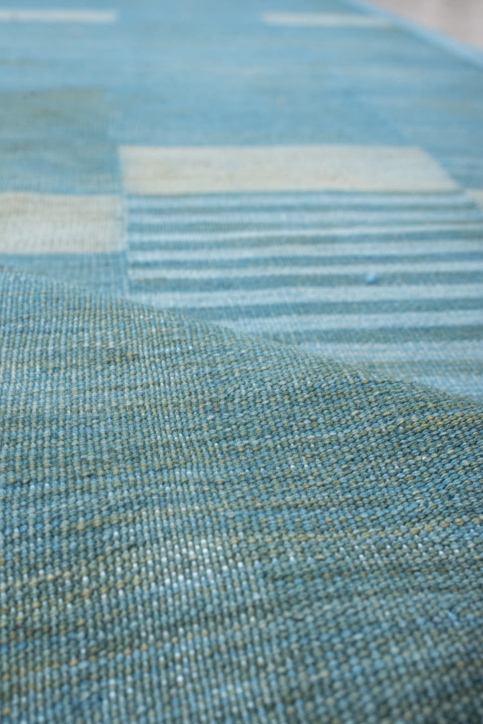 2' x 10' one-of-a-kind handmade vintage Kilim runner rug. Color palette: sky blue, ivory, aqua, taupe, camel, light blue