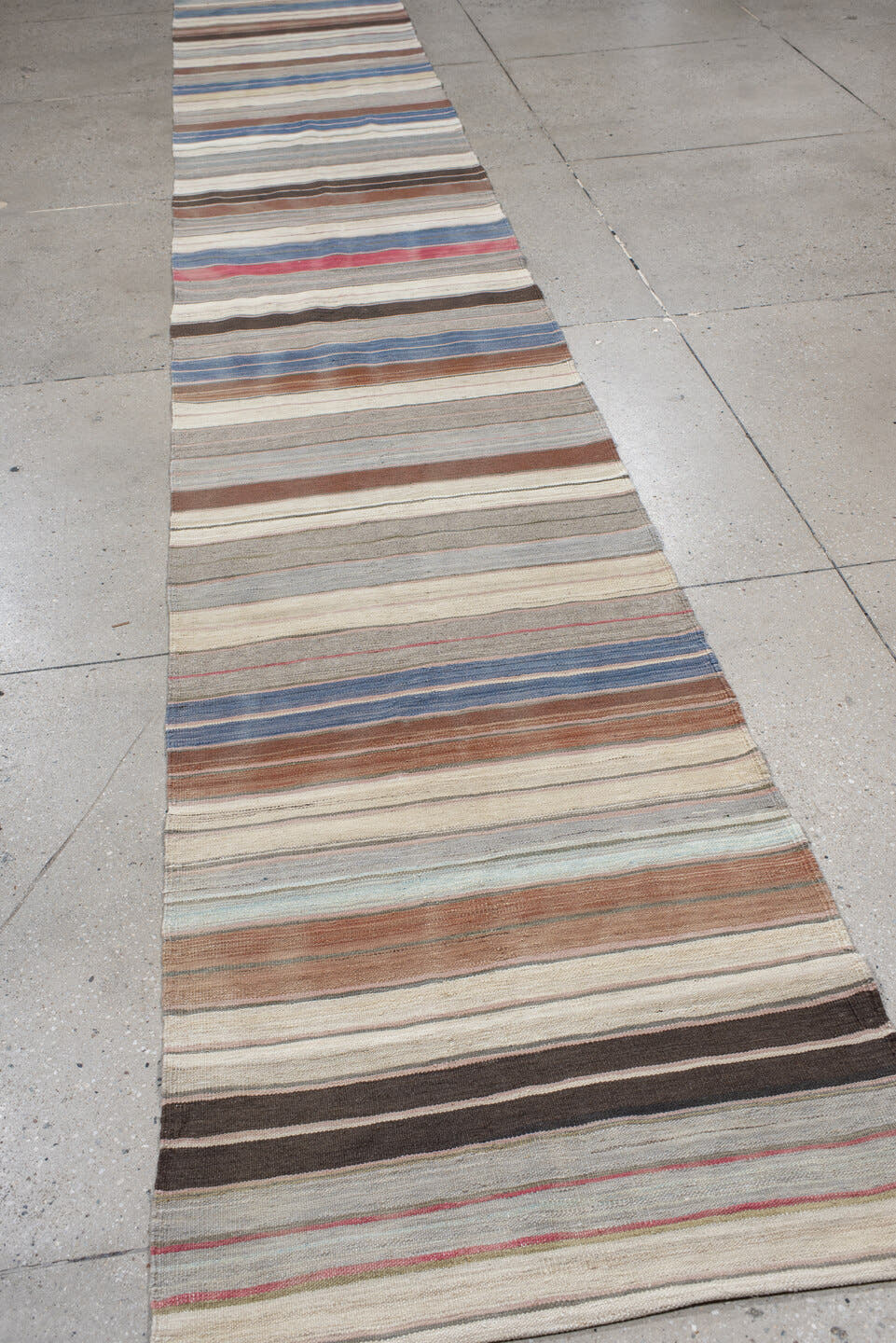 2' x 16' one-of-a-kind handmade vintage Kilim runner rug. Color palette: ivory, gray, blue, brown, taupe, rose, charcoal
