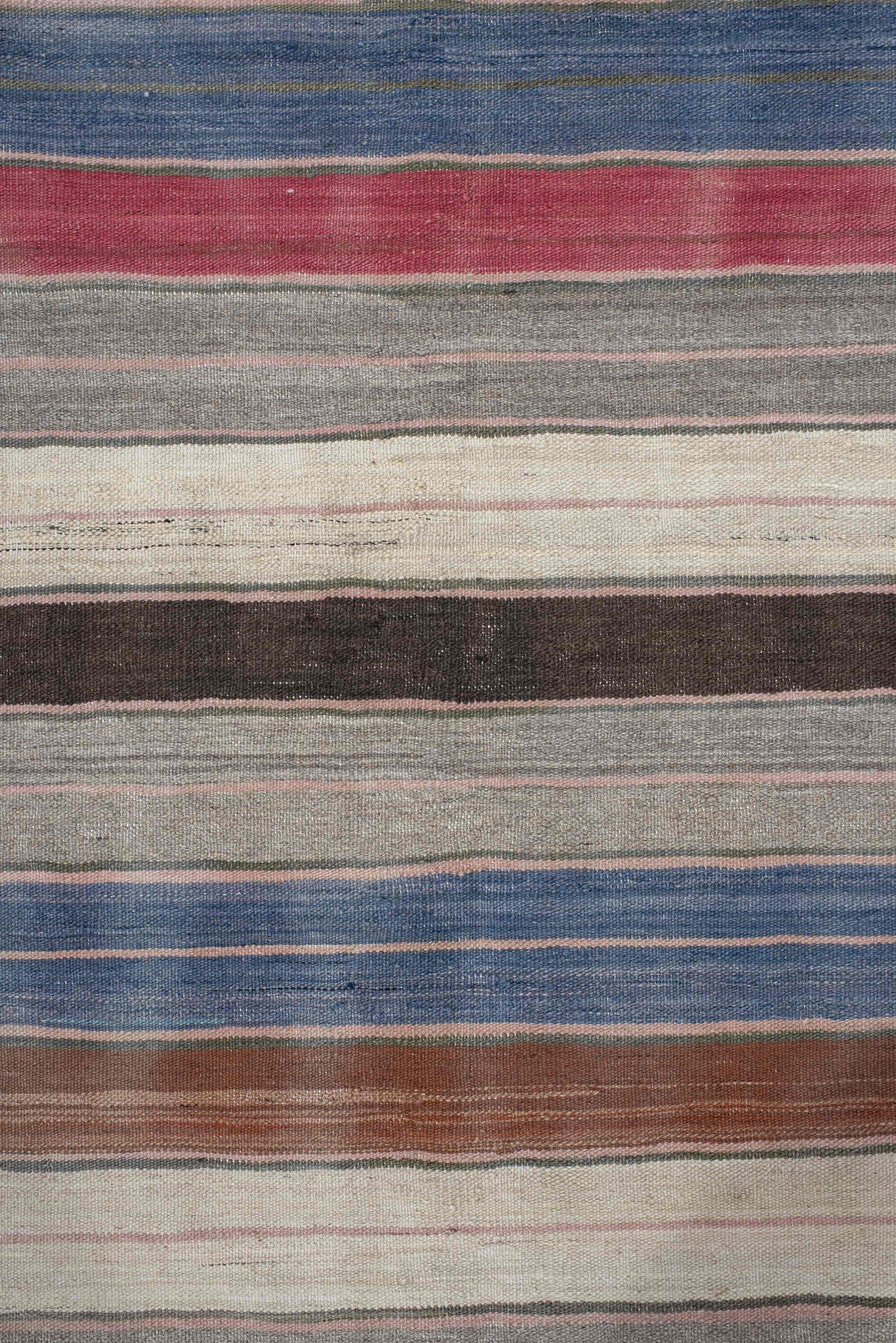 2' x 16' one-of-a-kind handmade vintage Kilim runner rug. Color palette: ivory, gray, blue, brown, taupe, rose, charcoal