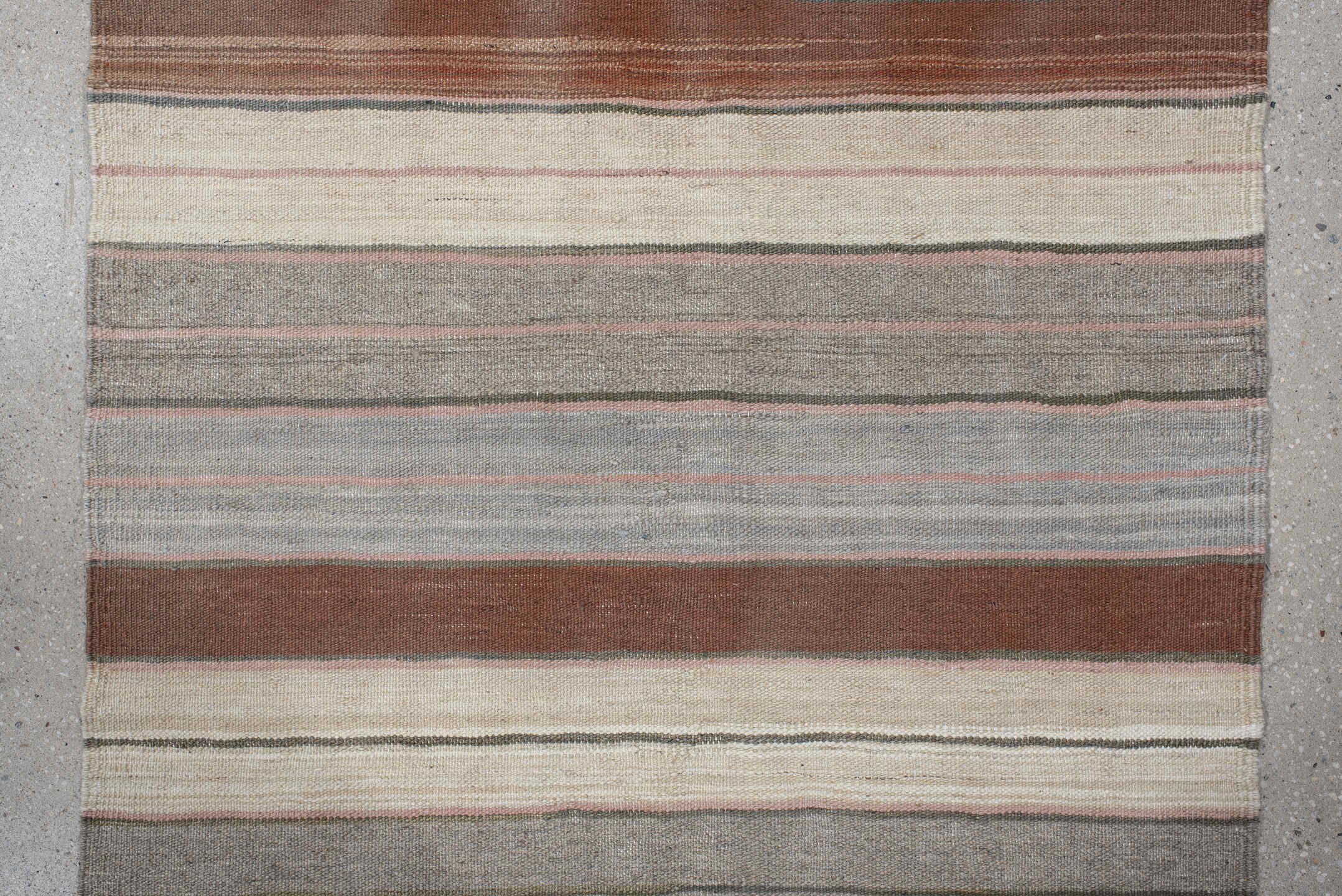 2' x 16' one-of-a-kind handmade vintage Kilim runner rug. Color palette: ivory, gray, blue, brown, taupe, rose, charcoal