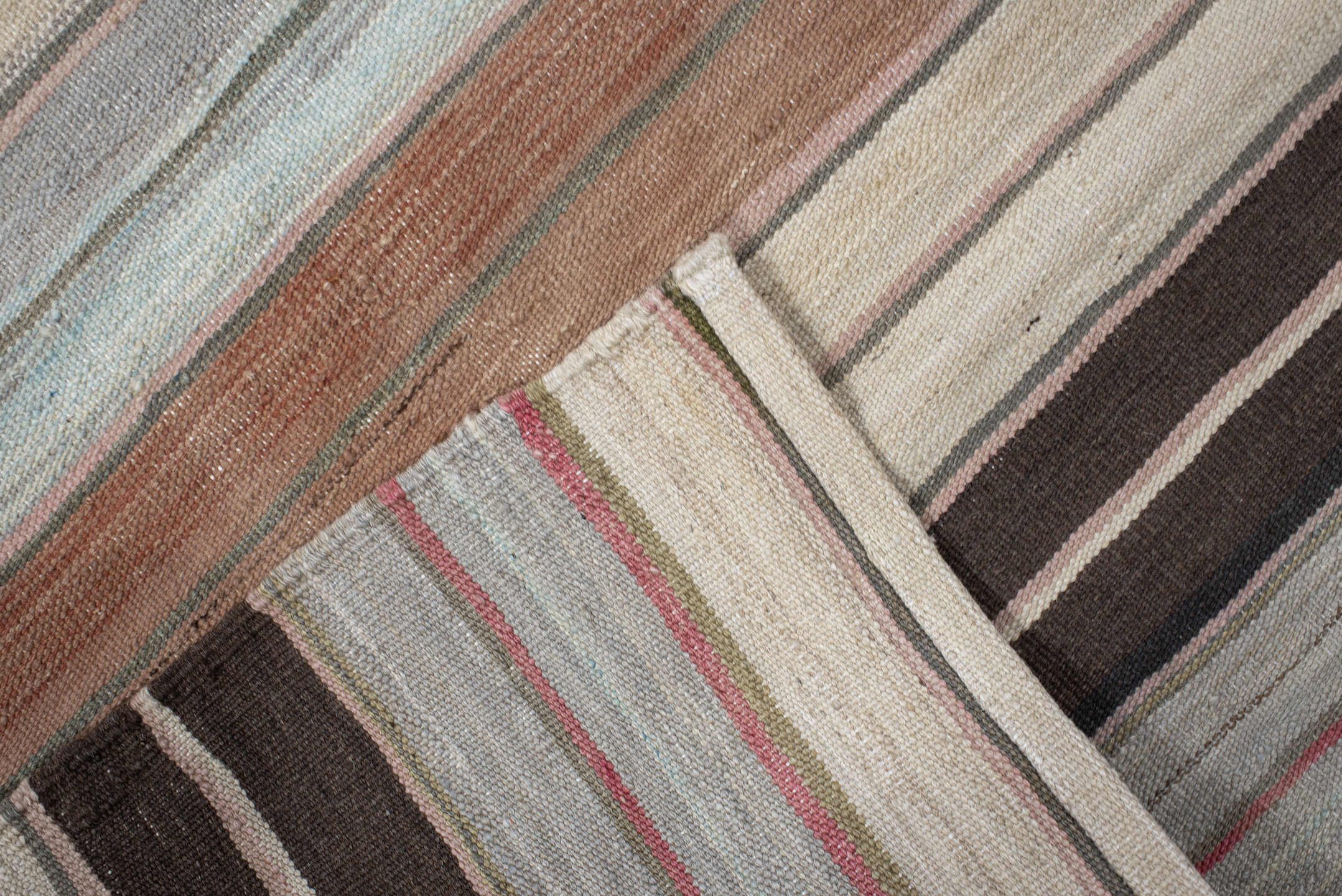 2' x 16' one-of-a-kind handmade vintage Kilim runner rug. Color palette: ivory, gray, blue, brown, taupe, rose, charcoal