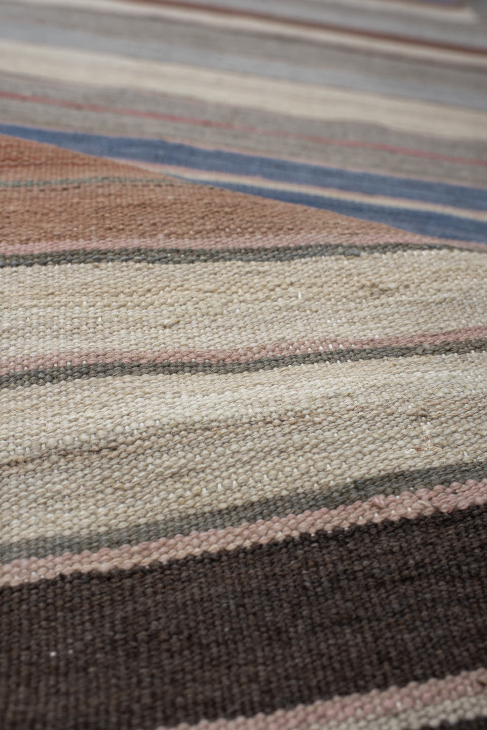 2' x 16' one-of-a-kind handmade vintage Kilim runner rug. Color palette: ivory, gray, blue, brown, taupe, rose, charcoal