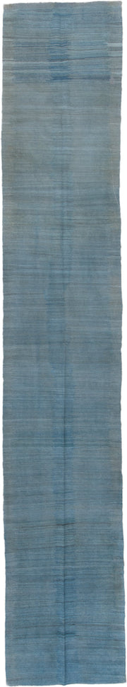 3' x 19' one-of-a-kind handmade vintage Kilim runner rug. Color palette: sky blue, slate, steel blue, light blue, gray, blue