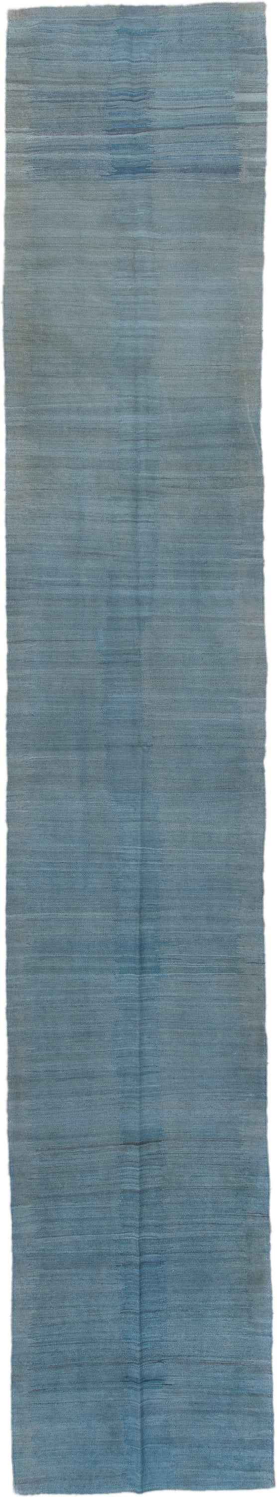 3' x 19' one-of-a-kind handmade vintage Kilim runner rug. Color palette: sky blue, slate, steel blue, light blue, gray, blue